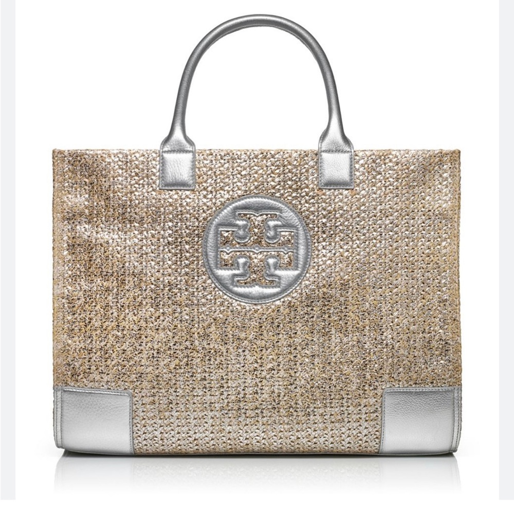 Tory Burch Ella Metallic Straw Tote Silver and Tan